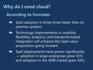Why do I need cloud?
 According to Forrester
     SaaS adoption is three times faster than on
     premise systems
     Technology improvements in usability,
     flexibility, analytics, and standards‐based
     integration will enhance the SaaS value
     proposition going forward
     SaaS deployments have grown significantly
     — adoption in large enterprises grew 33%
     and adoption in the SMB market grew 50%.
 