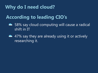 Why do I need cloud?

According to leading CIO’s
   58% say cloud computing will cause a radical
   shift in IT
   47% say they are already using it or actively
   researching it.
 