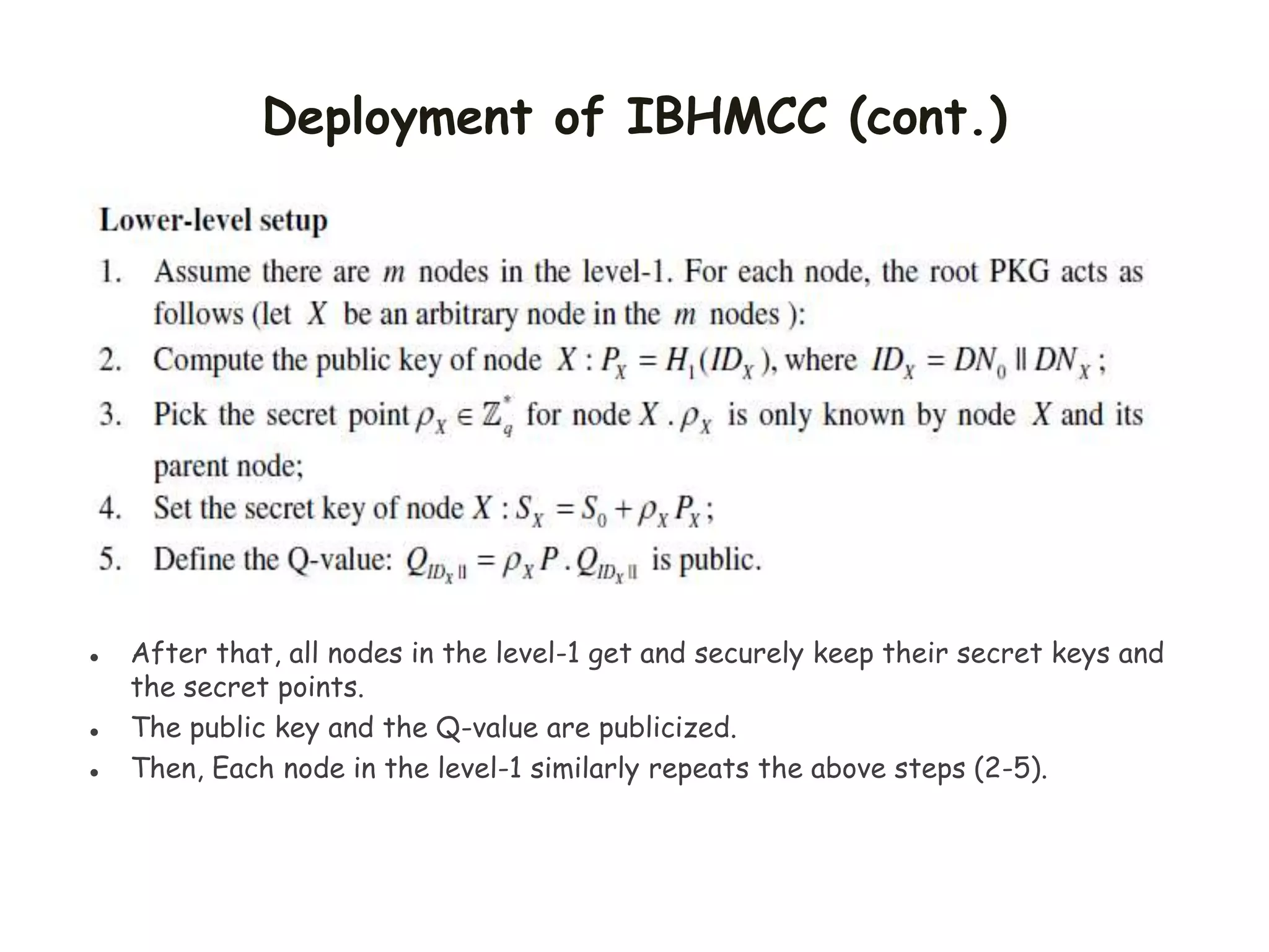Deployment of IBHMCC (cont.)
 After that, all nodes in the level-1 get and securely keep their secret keys and
the secret points.
 The public key and the Q-value are publicized.
 Then, Each node in the level-1 similarly repeats the above steps (2-5).
 