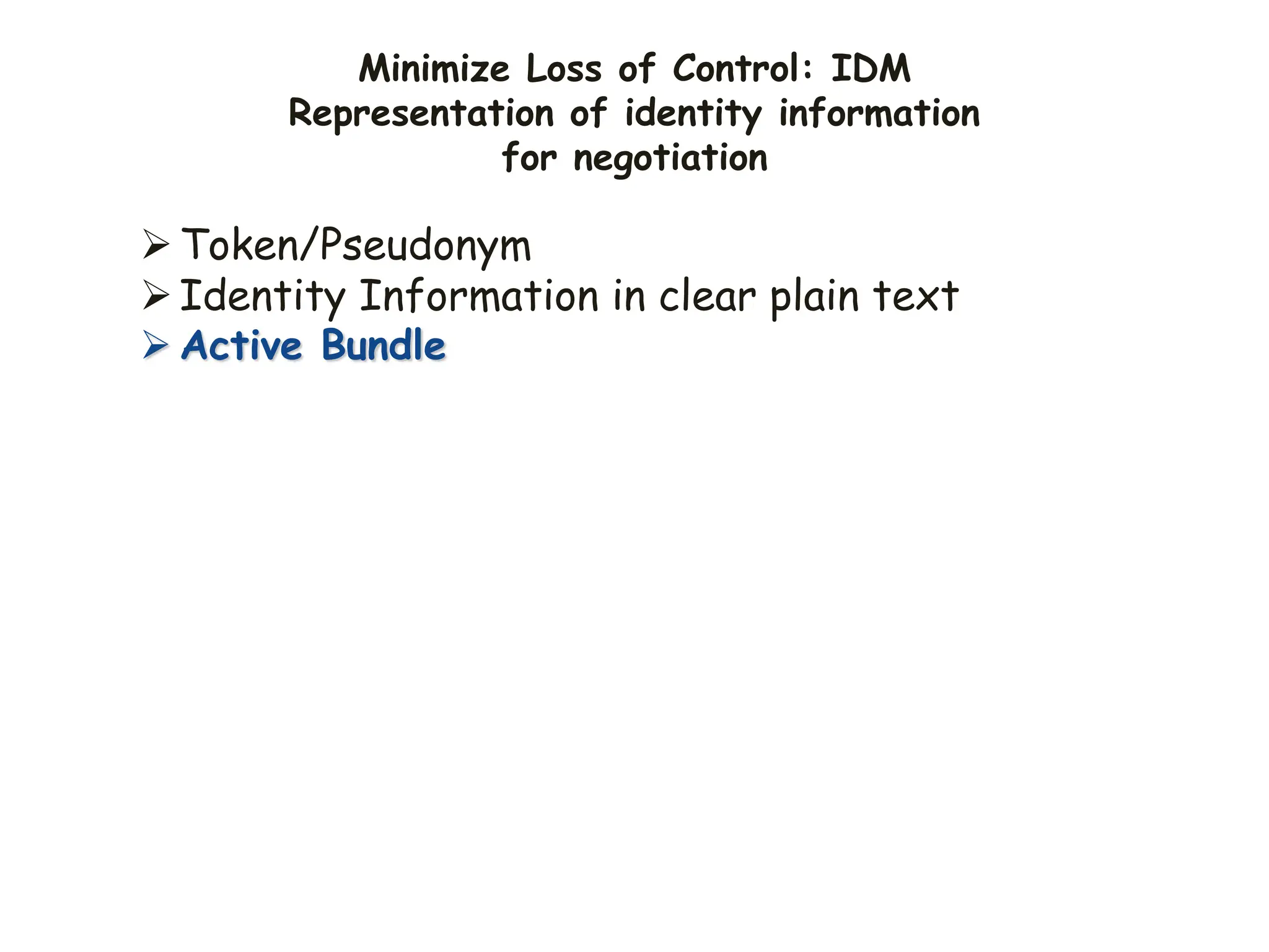 Minimize Loss of Control: IDM
Representation of identity information
for negotiation
Token/Pseudonym
Identity Information in clear plain text
 Active Bundle
 