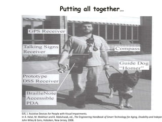 Putting all together…
Gill, J. Assistive Devices for People with Visual Impairments.
In A. Helal, M. Mokhtari and B. Abdulrazak, ed., The Engineering Handbook of Smart Technology for Aging, Disability and Indepen
John Wiley & Sons, Hoboken, New Jersey, 2008.
 