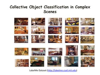 Collective Object Classification in Complex
Scenes
LabelMe Dataset (http://labelme.csail.mit.edu)
 