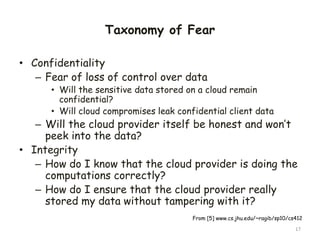 Taxonomy of Fear
• Confidentiality
– Fear of loss of control over data
• Will the sensitive data stored on a cloud remain
confidential?
• Will cloud compromises leak confidential client data
– Will the cloud provider itself be honest and won’t
peek into the data?
• Integrity
– How do I know that the cloud provider is doing the
computations correctly?
– How do I ensure that the cloud provider really
stored my data without tampering with it?
17
From [5] www.cs.jhu.edu/~ragib/sp10/cs412
 