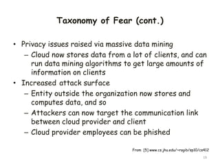 Taxonomy of Fear (cont.)
• Privacy issues raised via massive data mining
– Cloud now stores data from a lot of clients, and can
run data mining algorithms to get large amounts of
information on clients
• Increased attack surface
– Entity outside the organization now stores and
computes data, and so
– Attackers can now target the communication link
between cloud provider and client
– Cloud provider employees can be phished
19
From [5] www.cs.jhu.edu/~ragib/sp10/cs412
 