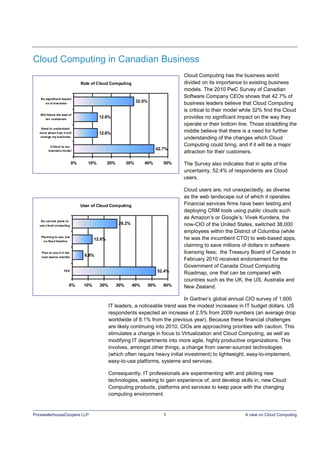 PricewaterhouseCoopers LLP 3 A view on Cloud Computing
Cloud Computing in Canadian Business
Cloud Computing has the business world
divided on its importance to existing business
models. The 2010 PwC Survey of Canadian
Software Company CEOs shows that 42.7% of
business leaders believe that Cloud Computing
is critical to their model while 32% find the Cloud
provides no significant impact on the way they
operate or their bottom line. Those straddling the
middle believe that there is a need for further
understanding of the changes which Cloud
Computing could bring, and if it will be a major
attraction for their customers.
The Survey also indicates that in spite of the
uncertainty, 52.4% of respondents are Cloud
users.
Cloud users are, not unexpectedly, as diverse
as the web landscape out of which it operates.
Financial services firms have been testing and
deploying CRM tools using public clouds such
as Amazon’s or Google’s; Vivek Kundera, the
now-CIO of the United States, switched 38,000
employees within the District of Columbia (while
he was the incumbent CTO) to web-based apps,
claiming to save millions of dollars in software
licensing fees; the Treasury Board of Canada in
February 2010 received endorsement for the
Government of Canada Cloud Computing
Roadmap, one that can be compared with
countries such as the UK, the US, Australia and
New Zealand.
In Gartner’s global annual CIO survey of 1,600
IT leaders, a noticeable trend was the modest increases in IT budget dollars. US
respondents expected an increase of 2.5% from 2009 numbers (an average drop
worldwide of 8.1% from the previous year). Because these financial challenges
are likely continuing into 2010, CIOs are approaching priorities with caution. This
stimulates a change in focus to Virtualization and Cloud Computing, as well as
modifying IT departments into more agile, highly productive organizations. This
involves, amongst other things, a change from owner-sourced technologies
(which often require heavy initial investment) to lightweight, easy-to-implement,
easy-to-use platforms, systems and services.
Consequently, IT professionals are experimenting with and piloting new
technologies, seeking to gain experience of, and develop skills in, new Cloud
Computing products, platforms and services to keep pace with the changing
computing environment.
Role of Cloud Computing
42.7%
12.6%
12.6%
32.0%
0% 10% 20% 30% 40% 50%
Critical to our
business model
Need to understand
more about how it will
change my business
Will follow the lead of
our customers
No significant impact
on m business
User of Cloud Computing
52.4%
6.8%
12.6%
28.2%
0% 10% 20% 30% 40% 50% 60%
YES
Plan to use it in the
next twelve months
Planning to use, but
no fixed timeline
No current plans to
use cloud computing
 