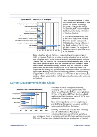 PricewaterhouseCoopers LLP 5 A view on Cloud Computing
Cloud storage accounts for 35.9% of
respondents’ votes. Hardware for data
storage has become increasingly
cheaper but vastly greater storage
requirements, both concentrated and
distributed, make storing information
in the cloud attractive.
In spite of indications that only 9.7%
of the Survey respondents feel that
Enterprise Content Management
(ECM) database hosting will thrive in
the Cloud, we believe that this trend
will likely increase. The successes of
Salesforce.com and SugarCRM, point
in this direction.
Social networking is low in the Survey respondents’ priorities, garnering only
13.6% of the votes. This is not surprising as social networking has up until now
been primarily a priority on the consumer side with relatively low use in business.
However, PwC has observed that consumers and employees alike want to play a
participative online role both at work and in leisure time. And the tools of social
networking are becoming increasingly powerful, easy and fun to use. So social
networking is now a business strategic issue. Social networking needs to be
coupled into the thinking and operations of the entire organization; it is not merely
a passing fad. Not only will businesses increasingly embrace social networking
as a part of their communications strategy and in their day-to-day operations, but
also they will gain greater skills in marketing to, and collaborating with, customers
and partners.
Current Developments in the Cloud
Some 46% of Survey participants are already
developing cloud computing applications for their
clients’ use, while another 8.7% are planning to do so.
Of those in this sphere, 36.9% are developing SaaS
applications while in far second place, at 14.6%, some
will use it for information storage.
None of the respondents, however, are planning to
provide Change Management services to assist their
customers to shift to Cloud Computing.
Currently, some firms are using the cloud selectively
and with a little hesitation. According to
wallstreetandtech.com, some financial giants have
been using public clouds for application testing and for basic applications such as
CRM tools. They have been reluctant in transferring sensitive data to the cloud,
Developing Cloud Computing Applications?
46.6%
8.7%
17.5%
27.2%
0% 10% 20% 30% 40% 50%
YES
Will be doing so
Thinking of doing so
N ot appropriate for
my business
Types of Cloud Computing to be developed
14.6%
36.9%
8.7%
5.8%
6.8%
4.9%
7.8%
5.8%
1.0%
7.8%
0.0%
0% 5% 10% 15% 20% 25% 30% 35% 40%
Information Storage
SaaS Applications
Enterprise Content Management database hosting
Customer Relationship Management database hosting
Additional hardware (e.g. servers) on demand
Product development & testing platforms
Archiving and disaster recovery
Replacement for in-house IT
Social gaming
Social networking in Business
Providing change management advisory services
 