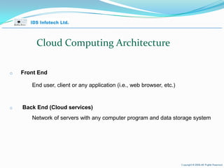 Cloud Computing Architecture Front End End user, client or any application (i.e., web browser, etc.) Back End (Cloud services) Network of servers with any computer program and data storage system April 26, 2010 Page  