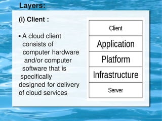    Layers:
     (i) Client :

      A cloud client           
       consists of               
       computer hardware 
        and/or computer
       software that is        
      specifically 
     designed for delivery 
     of cloud services

                                 
 
