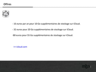 Offres - 16 euros par an pour 10 Go supplémentaires de stockage sur iCloud. - 32 euros pour 20 Go supplémentaires de stockage sur iCloud. 80 euros pour 55 Go supplémentaires de stockage sur iCloud.  >> icloud.com 