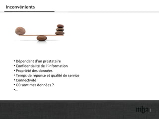 Inconvénients Dépendant d’un prestataire Confidentialité de l ’information Propriété des données Temps de réponse et qualité de service Connectivité Où sont mes données ? … 