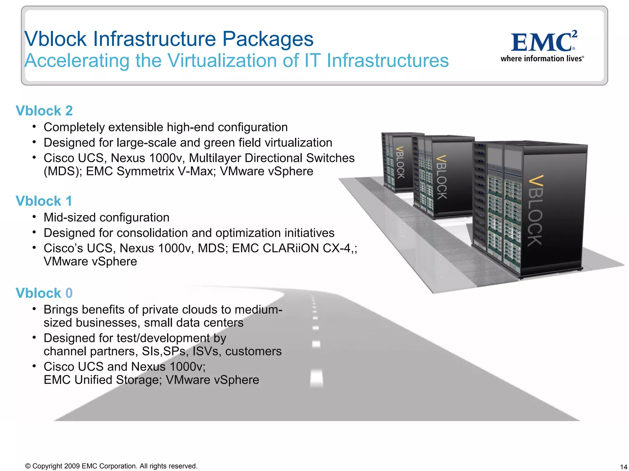 Vblock Infrastructure Packages
 Accelerating the Virtualization of IT Infrastructures

Vblock 2
   • Completely extensible high-end configuration
   • Designed for large-scale and green field virtualization
   • Cisco UCS, Nexus 1000v, Multilayer Directional Switches
     (MDS); EMC Symmetrix V-Max; VMware vSphere

Vblock 1
   • Mid-sized configuration
   • Designed for consolidation and optimization initiatives
   • Cisco’s UCS, Nexus 1000v, MDS; EMC CLARiiON CX-4,;
     VMware vSphere

Vblock 0
   • Brings benefits of private clouds to medium-
     sized businesses, small data centers
   • Designed for test/development by
     channel partners, SIs,SPs, ISVs, customers
   • Cisco UCS and Nexus 1000v;
     EMC Unified Storage; VMware vSphere




 © Copyright 2009 EMC Corporation. All rights reserved.        14
 