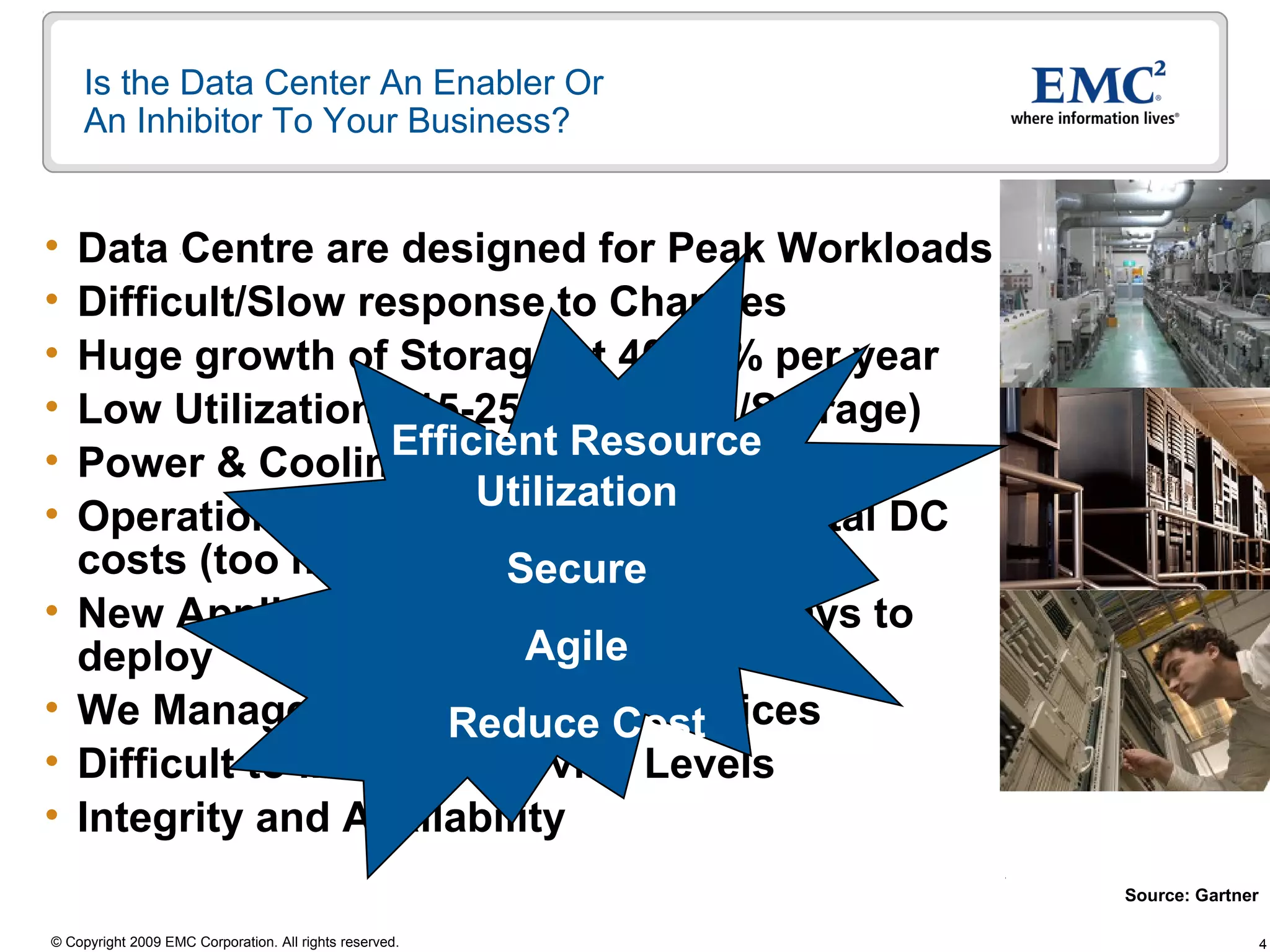 Is the Data Center An Enabler Or
     An Inhibitor To Your Business?


•   Data Centre are designed for Peak Workloads
•   Difficult/Slow response to Changes
•   Huge growth of Storage at 40-70% per year
•   Low Utilization ~15-25% (Servers/Storage)
•                    Efficient Resource
    Power & Cooling ~25-30% of total DC costs
                          Utilization
•   Operations taking another ~30% of total DC
    costs (too much Manual Processes)
                            Secure
•   New Applications can take 60-180 days to
    deploy                   Agile
•   We Manage Elements not IT Services
                        Reduce Cost
•   Difficult to Maintain Service Levels
•   Integrity and Availability
                                                         Source: Gartner

© Copyright 2009 EMC Corporation. All rights reserved.                     4
 