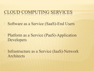  Software as a Service (SaaS)-End Users 
 Platform as a Service (PaaS)-Application 
Developers 
 Infrastructure as a Service (IaaS)-Network 
Architects 
 