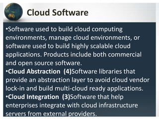 Cloud Software
•Software used to build cloud computing
environments, manage cloud environments, or
software used to build highly scalable cloud
applications. Products include both commercial
and open source software.
•Cloud Abstraction (4)Software libraries that
provide an abstraction layer to avoid cloud vendor
lock-in and build multi-cloud ready applications.
•Cloud Integration (3)Software that help
enterprises integrate with cloud infrastructure
servers from external providers.
 