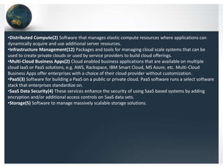 •Distributed Compute(2) Software that manages elastic compute resources where applications can
dynamically acquire and use additional server resources.
•Infrastructure Management(12) Packages and tools for managing cloud scale systems that can be
used to create private clouds or used by service providers to build cloud offerings.
•Multi-Cloud Business Apps(2) Cloud enabled business applications that are available on multiple
cloud IaaS or PaaS solutions, e.g. AWS, Rackspace, IBM Smart Cloud, MS Azure, etc. Multi-Cloud
Business Apps offer enterprises with a choice of their cloud provider without customization.
•PaaS(3) Software for building a PaaS on a public or private cloud. PaaS software runs a select software
stack that enterprises standardize on.
•SaaS Data Security(4) These services enhance the security of using SaaS based systems by adding
encryption and/or additional access controls on SaaS data sets.
•Storage(5) Software to manage massively scalable storage solutions.
 