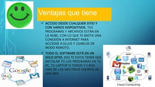  ACCESO DESDE CUALQUIER SITIO Y
CON VARIOS DISPOSITIVOS. TUS
PROGRAMAS Y ARCHIVOS ESTÁN EN
LA NUBE, CON LO QUE TE BASTA UNA
CONEXIÓN A INTERNET PARA
ACCEDER A ELLOS Y USARLOS DE
MODO REMOTO.
 TODO EL SOFTWARE ESTÁ EN UN
SOLO SITIO. ESO TE EVITA TENER QUE
INSTALAR TÚ LOS PROGRAMAS EN TU
PC, TU LAPTOP O TODOS Y CADA
UNO DE LOS MÚLTIPLES EQUIPOS DE
UNA RED.
Ventajas que tiene
 