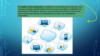 El modelo cloud computing no sustituye a las arquitecturas anteriores, pero
consigue cambiar radicalmente la forma en la que se utilizan y entienden las
aplicaciones informáticas, gracias a que permite aprovechar al máximo los
puntos fuertes de Internet, los dispositivos móviles y los ordenadores
personales.
 