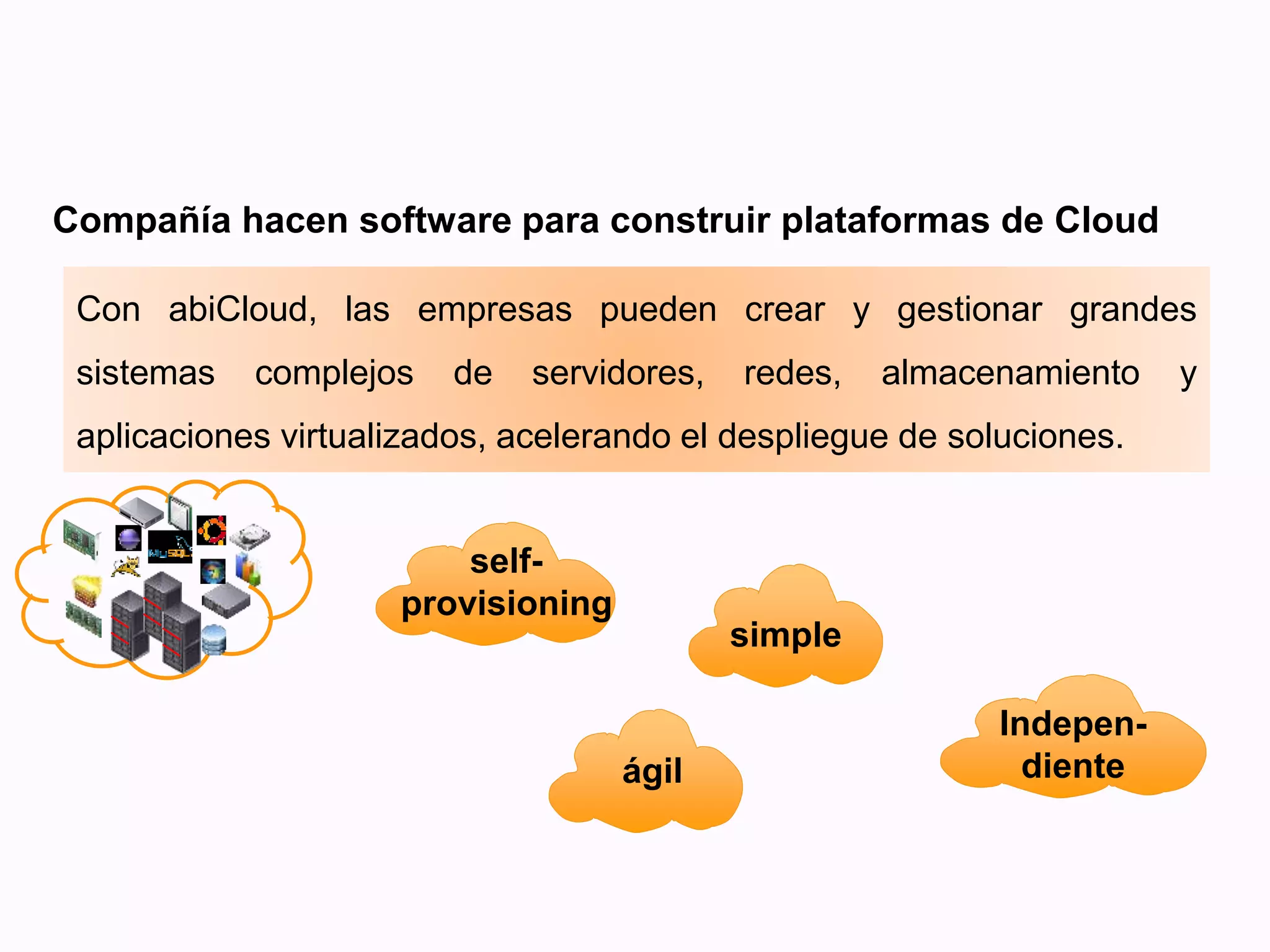 Company
Con abiCloud, las empresas pueden crear y gestionar grandes
sistemas complejos de servidores, redes, almacenamiento y
aplicaciones virtualizados, acelerando el despliegue de soluciones.
self-
provisioning
simple
Compañía hacen software para construir plataformas de Cloud
ágil
Indepen-
diente
 