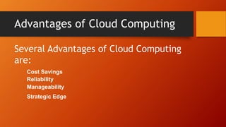 Advantages of Cloud Computing
Several Advantages of Cloud Computing
are:
Cost Savings
Reliability
Manageability
Strategic Edge
 