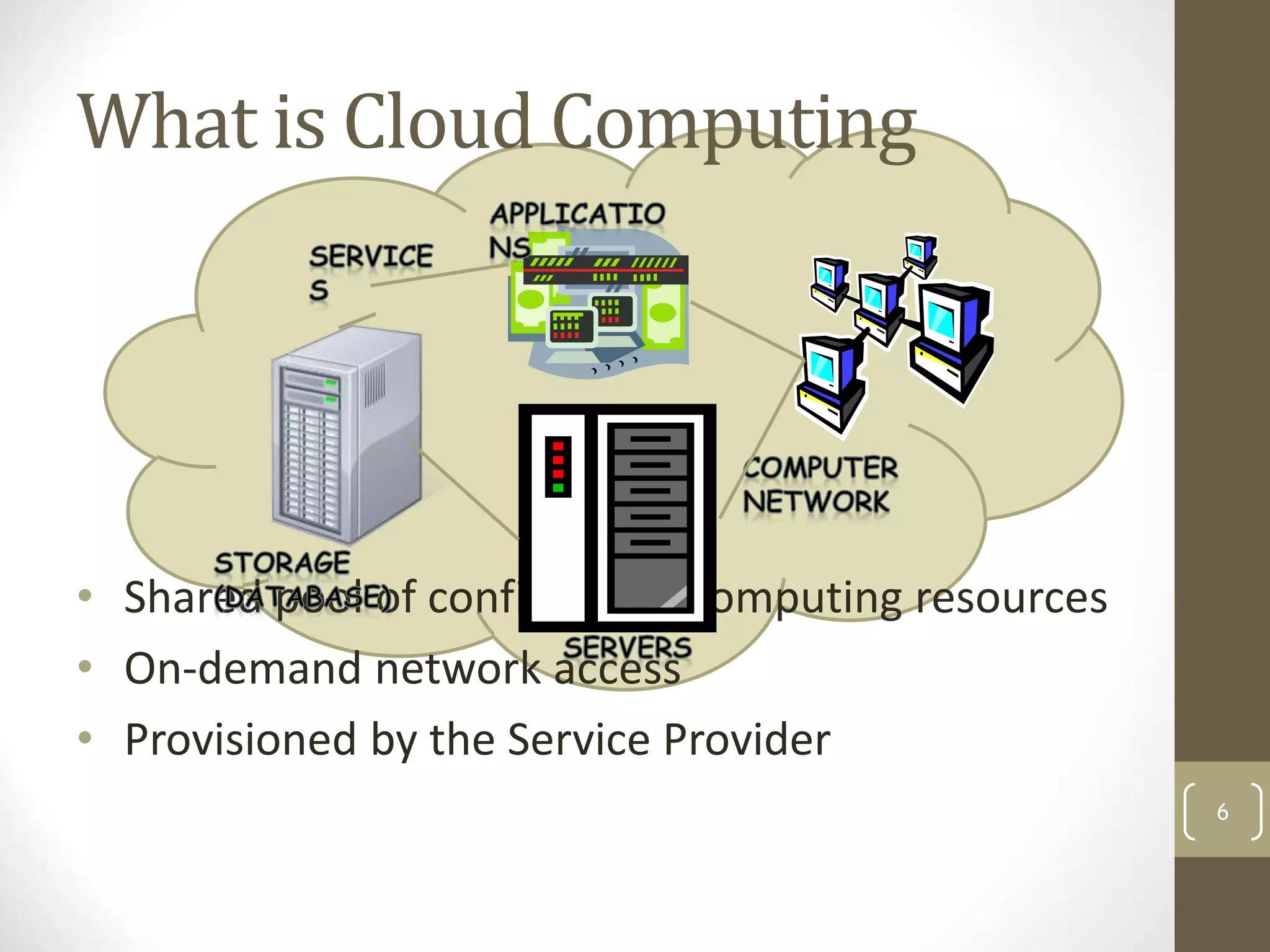What is Cloud Computing
• Shared pool of configurable computing resources
• On-demand network access
• Provisioned by the Service Provider
6
Adopted from: Effectively and Securely Using the Cloud Computing Paradigm by peter Mell, Tim
Grance
 