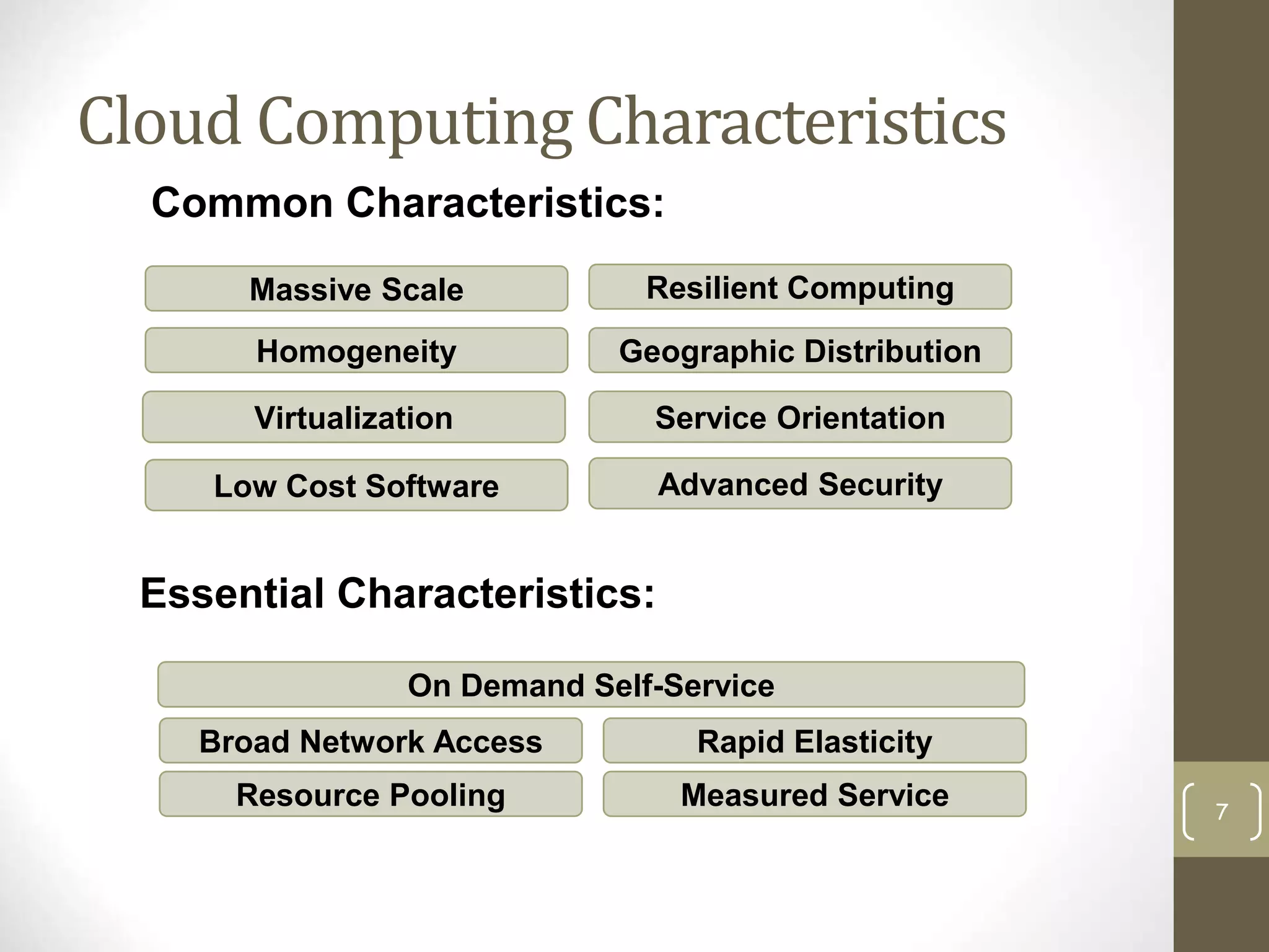 Cloud Computing Characteristics
7
Common Characteristics:
Low Cost Software
Virtualization Service Orientation
Advanced Security
Homogeneity
Massive Scale Resilient Computing
Geographic Distribution
Essential Characteristics:
Resource Pooling
Broad Network Access Rapid Elasticity
Measured Service
On Demand Self-Service
Adopted from: Effectively and Securely Using the Cloud Computing Paradigm by peter Mell, Tim
Grance
 