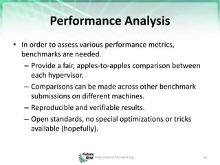 Performance Analysis
• In order to assess various performance metrics,
benchmarks are needed.
– Provide a fair, apples-to-apples comparison between
each hypervisor.
– Comparisons can be made across other benchmark
submissions on different machines.
– Reproducible and verifiable results.
– Open standards, no special optimizations or tricks
available (hopefully).
14
https://portal.futuregrid.org
 