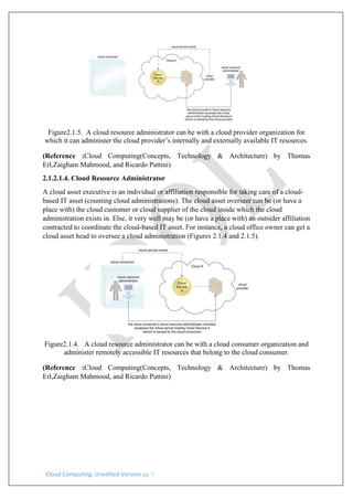 Cloud Computing: Unedited Version pg. 7
Figure2.1.5. A cloud resource administrator can be with a cloud provider organization for
which it can administer the cloud provider’s internally and externally available IT resources.
(Reference :Cloud Computing(Concepts, Technology & Architecture) by Thomas
Erl,Zaigham Mahmood, and Ricardo Puttini)
2.1.2.1.4. Cloud Resource Administrator
A cloud asset executive is an individual or affiliation responsible for taking care of a cloud-
based IT asset (counting cloud administrations). The cloud asset overseer can be (or have a
place with) the cloud customer or cloud supplier of the cloud inside which the cloud
administration exists in. Else, it very well may be (or have a place with) an outsider affiliation
contracted to coordinate the cloud-based IT asset. For instance, a cloud office owner can get a
cloud asset head to oversee a cloud administration (Figures 2.1.4 and 2.1.5).
Figure2.1.4. A cloud resource administrator can be with a cloud consumer organization and
administer remotely accessible IT resources that belong to the cloud consumer.
(Reference :Cloud Computing(Concepts, Technology & Architecture) by Thomas
Erl,Zaigham Mahmood, and Ricardo Puttini)
 