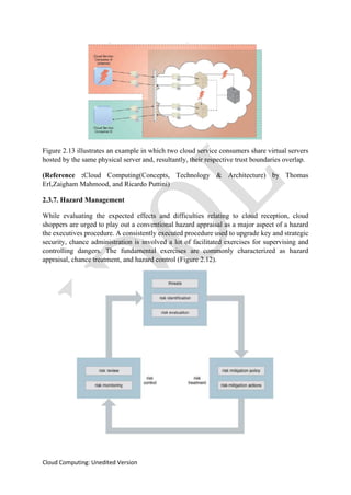 Cloud Computing: Unedited Version
Figure 2.13 illustrates an example in which two cloud service consumers share virtual servers
hosted by the same physical server and, resultantly, their respective trust boundaries overlap.
(Reference :Cloud Computing(Concepts, Technology & Architecture) by Thomas
Erl,Zaigham Mahmood, and Ricardo Puttini)
2.3.7. Hazard Management
While evaluating the expected effects and difficulties relating to cloud reception, cloud
shoppers are urged to play out a conventional hazard appraisal as a major aspect of a hazard
the executives procedure. A consistently executed procedure used to upgrade key and strategic
security, chance administration is involved a lot of facilitated exercises for supervising and
controlling dangers. The fundamental exercises are commonly characterized as hazard
appraisal, chance treatment, and hazard control (Figure 2.12).
 
