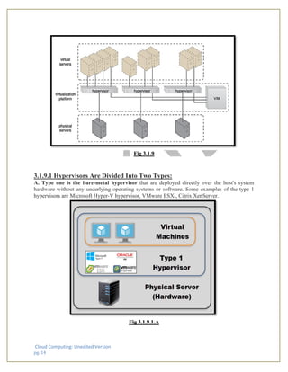 Cloud Computing: Unedited Version
pg. 14
Fig 3.1.9
3.1.9.1 Hypervisors Are Divided Into Two Types:
A. Type one is the bare-metal hypervisor that are deployed directly over the host's system
hardware without any underlying operating systems or software. Some examples of the type 1
hypervisors are Microsoft Hyper-V hypervisor, VMware ESXi, Citrix XenServer.
Fig 3.1.9.1.A
 