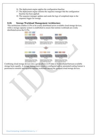 Cloud Computing: Unedited Version Pg. 17
16. The deployment engine applies the configuration baseline.
17. The deployment engine informs the sequence manager that the configuration
baseline has been applied.
18. The sequence manager updates and sends the logs of completed steps to the
sequence logger for storage.
8.10. Storage Workload Management Architecture
This architecture enables LUNs to be evenly distributed across available cloud storage devices,
while a storage capacity system is established to ensure that runtime workloads are evenly
distributed across the LUNs.
Combining cloud storage devices into a group allows LUN data to be distributed between available
storage hosts equally. A storage management system is configured and an automated scaling listener is
positioned to monitor and equalize runtime workloads among the grouped cloud storage devices.
 