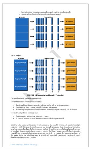 Cloud Computing: Unedited Version pg. 3
• Instructions on various processors from each part run simultaneously
• An overall mechanism for control/coordination is used
For example:
FIGURE 2.2 Sequential and Parallel Processing
The problem in the computation should be:
The problem in the computation should be:
• Be divided into discreet parts of work that can be solved at the same time;;
• At any given time, execute multiple program instructions;
• With many compute resources in less time than one compute resource, can be solved.
Typically, computation resources are:
• One computer with several processors / cores
• A random number of these computers connected through a network
Initially, only certain architectures were considered by parallel systems .It featured multiple
processors with the same physical memory and a single computer. Over time, those limitations
have been relaxed and parallel systems now include all architectures, whether physically present
or based on the concept of shared memory, whether the library support, specific hardware and a
very efficient network infrastructure are present physically or created. For example, a cluster of
the nodes linked by InfiniBand can be considered a parallel system and configured with a
distributing shared memory system
 
