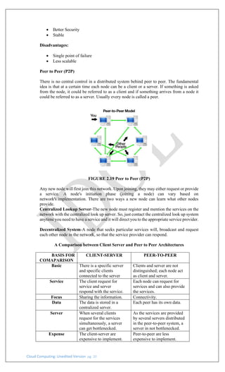 Cloud Computing: Unedited Version pg. 20
• Better Security
• Stable
Disadvantages:
• Single point of failure
• Less scalable
Peer to Peer (P2P)
There is no central control in a distributed system behind peer to peer. The fundamental
idea is that at a certain time each node can be a client or a server. If something is asked
from the node, it could be referred to as a client and if something arrives from a node it
could be referred to as a server. Usually every node is called a peer.
FIGURE 2.19 Peer to Peer (P2P)
Any new node will first join this network. Upon joining, they may either request or provide
a service. A node's initiation phase (joining a node) can vary based on
network's implementation. There are two ways a new node can learn what other nodes
provide.
Centralized Lookup Server-The new node must register and mention the services on the
network with the centralized look up server. So, just contact the centralized look up system
anytime you need to have a service and it will direct you to the appropriate service provider.
Decentralized System-A node that seeks particular services will, broadcast and request
each other node in the network, so that the service provider can respond.
A Comparison between Client Server and Peer to Peer Architectures
BASIS FOR
COMAPARISON
CLIENT-SERVER PEER-TO-PEER
Basic There is a specific server
and specific clients
connected to the server
Clients and server are not
distinguished; each node act
as client and server.
Service The client request for
service and server
respond with the service.
Each node can request for
services and can also provide
the services.
Focus Sharing the information. Connectivity.
Data The data is stored in a
centralized server.
Each peer has its own data.
Server When several clients
request for the services
simultaneously, a server
can get bottlenecked.
As the services are provided
by several servers distributed
in the peer-to-peer system, a
server in not bottlenecked.
Expense The client-server are
expensive to implement.
Peer-to-peer are less
expensive to implement.
 