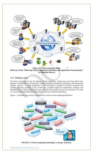 Cloud Computing: Unedited Version pg. 5
Figure 1.2. Cloud computing vision.
(Reference from “Mastering Cloud Computing Foundations and Applications Programming”
by Rajkumar Buyya)
1.2.2 Defining a cloud
The fairly recent motto in the IT industry "cloud computing," which came into being after many
decades of innovation in virtualization, utility computing, distributed computing, networking and
software services. A cloud establishes an IT environment invented to provide measured and
scalable resources remotely. It has evolved as a modern model for information exchange and
internet services. This provides more secure, flexible and scalable services for consumers. It is used
as a service-oriented architecture that reduces end-user overhead information.
Figure 1.3 illustrates the variety of terms used in current cloud computing definitions.
FIGURE 1.3 Cloud computing technologies, concepts, and ideas.
 