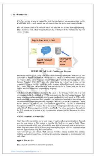 Cloud Computing: Unedited Version pg. 33
2.5.3.3 Web services
Web Service is a structured method for distributing client-server communication on the
World Wide Web. A web service is a software module that performs a variety of tasks.
You can search for the web services across the network and invoke them appropriately.
The web service will, when invoked, provide the customer with the features that the web
service invokes.
FIGURE 2.29 Web Service Architecture Diagram
The above diagram gives a very clear view of the internal working of a web service. The
customer will make a series of web service calls to a server to host the current web service
via request. These applications are rendered through so-called remote procedure calls.
Remote Procedure Call (RPC) are calls made using the webservice hosting service
procedures. Amazon provides a web service for products sold online through amazon.com,
for example. The front end and layer of presentation may be in. Net or Java, but the web
service will interact in either programming language.
Data transmitted between the client and the server is the primary component of a web
service, namely XML. An XML is HTML equivalent, and the intermediate language that
many programming languages can easy to understand and they only speak in XML while
applications talk to each other. This provides a can application interface for interacting with
one another in different programming languages. Web services use SOAP (Simple Object
Access Protocol) to transfer XML data between applications. The data is transmitted
through standard HTTP. The data that is transmitted to the program from the web server is
called SOAP. The message from SOAP is just XML. The client application that calls to
the Web service can be written in any programming language, as this document is written
in XML.
Why do you need a Web Service?
Every day software systems use a wide range of web-based programming tools. Several
apps in Java, others in Net, others in Angular JS, Node.js, etc. can be built. These
heterogeneous applications most often require some kind of communication between them.
Since they are constructed in different programming languages, effective communication
between applications is very difficult to ensure.
Here web services are offered. Web services provide a shared platform that enables
multiple applications could base on various programming languages to communicate with
each other.
Type of Web Service
Two kinds of web services are mainly available.
 
