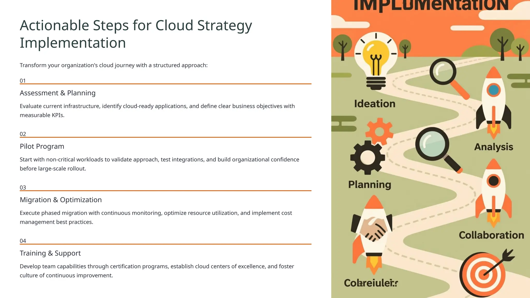 Actionable Steps for Cloud Strategy
Implementation
Transform your organization's cloud journey with a structured approach:
01
Assessment & Planning
Evaluate current infrastructure, identify cloud-ready applications, and define clear business objectives with
measurable KPIs.
02
Pilot Program
Start with non-critical workloads to validate approach, test integrations, and build organizational confidence
before large-scale rollout.
03
Migration & Optimization
Execute phased migration with continuous monitoring, optimize resource utilization, and implement cost
management best practices.
04
Training & Support
Develop team capabilities through certification programs, establish cloud centers of excellence, and foster
culture of continuous improvement.
 