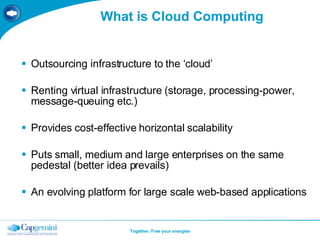 What is Cloud Computing <ul><li>Outsourcing infrastructure to the ‘cloud’ </li></ul><ul><li>Renting virtual infrastructure...
