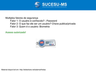 Associação de Usuários de Informática e T elecomunicações de Mato Grosso do Sul

Multiplos fatores de segurança
Fator 1: O usuário é conhecido? - Password
Fator 2: O que faz ele ser um usuário? Chave publica/privada
Fator 3: Quem é o usuário: Biometria
Acesso autorizado!

Material disponível em: http://slideshare.net/ademarfreitas

 