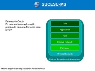 Associação de Usuários de Informática e T elecomunicações de Mato Grosso do Sul

Defense-in-Depth
Eu ou meu fornecedor está
preparado para me fornecer esse
nível?

Material disponível em: http://slideshare.net/ademarfreitas

 