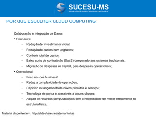 Associação de Usuários de Informática e T elecomunicações de Mato Grosso do Sul

POR QUE ESCOLHER CLOUD COMPUTING
Colaboração e Integração de Dados


Financeiro:
–
–

Redução de custos com upgrades;

–

Controle total de custos;

–

Baixo custo de contratação (SaaS) comparado aos sistemas tradicionais;

–


Redução de Investimento inicial;

Migração de despesas de capital, para despesas operacionais;

Operacional:
–

Foco no core business!

–

Reduz a complexidade de operações;

–

Rapidez no lançamento de novos produtos e serviços;

–

Tecnologia de ponta e acessiveis a alguns cliques;

–

Adição de recursos computacionais sem a necessidade de mexer diretamente na
estrutura física;

Material disponível em: http://slideshare.net/ademarfreitas

 