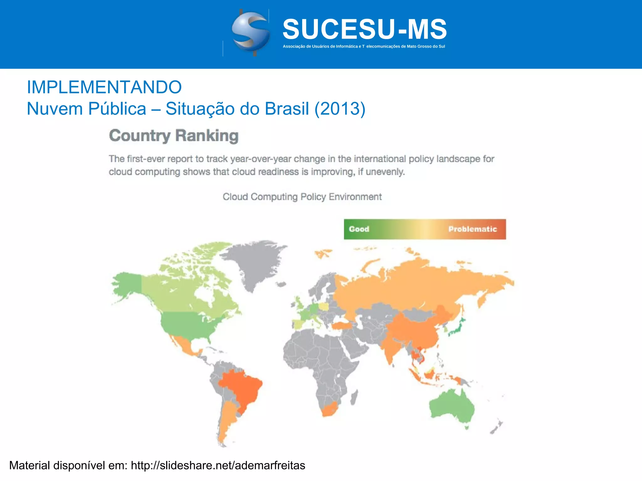 Associação de Usuários de Informática e T elecomunicações de Mato Grosso do Sul

IMPLEMENTANDO
Nuvem Pública – Situação do Brasil (2013)

Material disponível em: http://slideshare.net/ademarfreitas

 