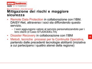 Mitigazione dei rischi e maggiore sicurezza Remote Data Protection  in collaborazione con l’IBM. DAISY-Net, attraverso i soci sta diffondendo questo servizio. I soci aggiungono valore al servizio personalizzandolo per i loro clienti (il Caso STUDIODELTA)  Disaster Recovery  in collaborazione con l’IBM Metodi, tecniche  processi per la Continuità Operativa,  partendo dalle precedenti tecnologie abilitanti (iniziativa a cui partecipano i quattro atenei della regione) 