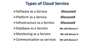 Software as a Service Discussed
Platform as a Service Discussed
Infrastructure as a Service Discussed
Database as a Service We will discuss it
Monitoring as a Service We will discuss it
Communication as services We will discuss it
Types of Cloud Service
 
