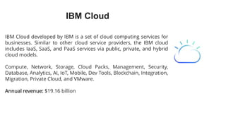 IBM Cloud
IBM Cloud developed by IBM is a set of cloud computing services for
businesses. Similar to other cloud service providers, the IBM cloud
includes IaaS, SaaS, and PaaS services via public, private, and hybrid
cloud models.
Compute, Network, Storage, Cloud Packs, Management, Security,
Database, Analytics, AI, IoT, Mobile, Dev Tools, Blockchain, Integration,
Migration, Private Cloud, and VMware.
Annual revenue: $19.16 billion
 