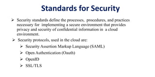 Standards for Security
 Security standards define the processes, procedures, and practices
necessary for implementing a secure environment that provides
privacy and security of confidential information in a cloud
environment.
 Security protocols, used in the cloud are:
 Security Assertion Markup Language (SAML)
 Open Authentication (Oauth)
 OpenID
 SSL/TLS
 