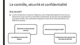 Le contrôle, sécurité et confidentialité
Et la sécurité ?
■ La sécurité doit être une partie intégrante, mais configurable séparément du tissu du
Cloud privé, conçu comme un ensemble à la demande, et avec des services élastiques
et programmables. Pour atteindre cet objectif, la sécurité du Cloud doit afficher ces
différents attributs :
Élasticité sur demande des
services
Infrastructure programmable
Les politiques de sécurité
logique
Configuration de la gestion des
principes de sécurité
 