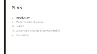 PLAN
I. Introduction
II. Model couche et service
III. Le HCP
IV. Le contrôle, sécurité et confidentialité
V. Conclusion
I. Introduction
II. Model couche et service
III. Le HCP
IV. Le contrôle, sécurité et confidentialité
V. Conclusion
2
 