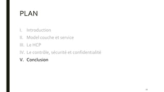 PLAN
I. Introduction
II. Model couche et service
III. Le HCP
IV. Le contrôle, sécurité et confidentialité
V. Conclusion
22
 