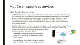 Modèle en couche et services
3. IaaS (Infrastructure as a service)
■ La définition du service comprend des offres telles que l'espace serveur, de la bande passante,
des adresses IP, etc. Physiquement, les ressources hardware proviennent d'une multitude de
serveurs et de réseaux généralement distribués à travers de nombreux datacentres, que le
fournisseur de services Cloud a la responsabilité d'entretenir. Parallèlement, l'accès aux
composants virtualisés est donné à l'entreprise cliente afin que celle-ci puisse construire ses
propres plateformes IT.
■ L‘IaaS peut être utilisée par les entreprises clientes pour créer des solutions informatiques à des
coûts avantageux et facilement extensibles, dans la mesure où la complexité et les coûts
inhérents à la gestion du matériel informatique sous-jacent
sont externalisés au fournisseur Cloud.
9
Avantages : grande flexibilité, contrôle total des
systèmes, ce qui permet d’installer tout type de
logiciel métier.
Inconvénients : Besoin d’administrateur système
pour les solutions des serveurs classiques sur site.
 