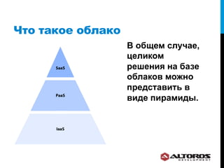 Что такое облако
                   В общем случае,
                   целиком
                   решения на базе
                   облаков можно
                   представить в
                   виде пирамиды.
 