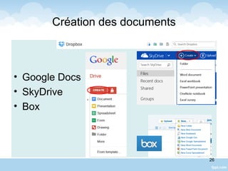Création des documents
• Google Docs
• SkyDrive
• Box
26
 